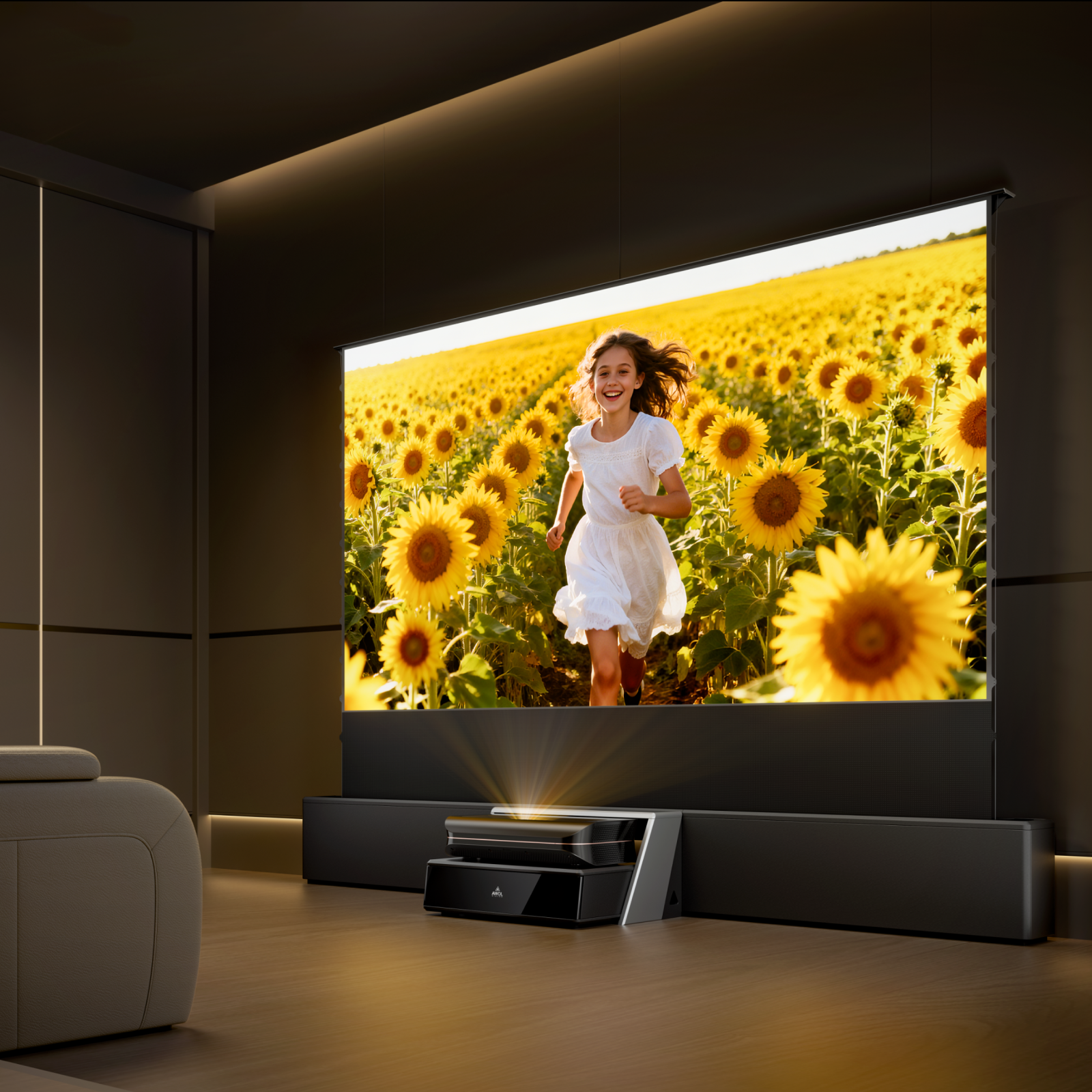 Laser TV Möbel Smart Station mit Laser TV im abgedunkelten Raum – optimale Projektionserfahrung.