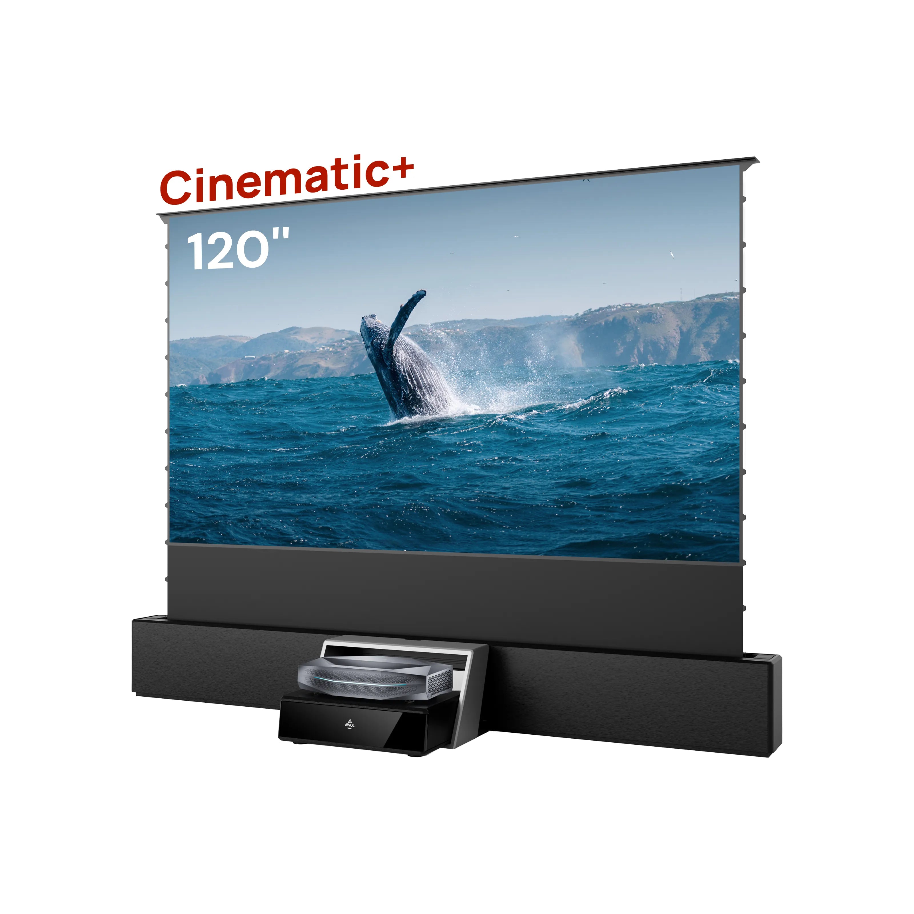 Aetherion Max RGB Laser UST Projector+100''-120'' Cinematic ALR Motorized Floor Rising Screen+120'' Station