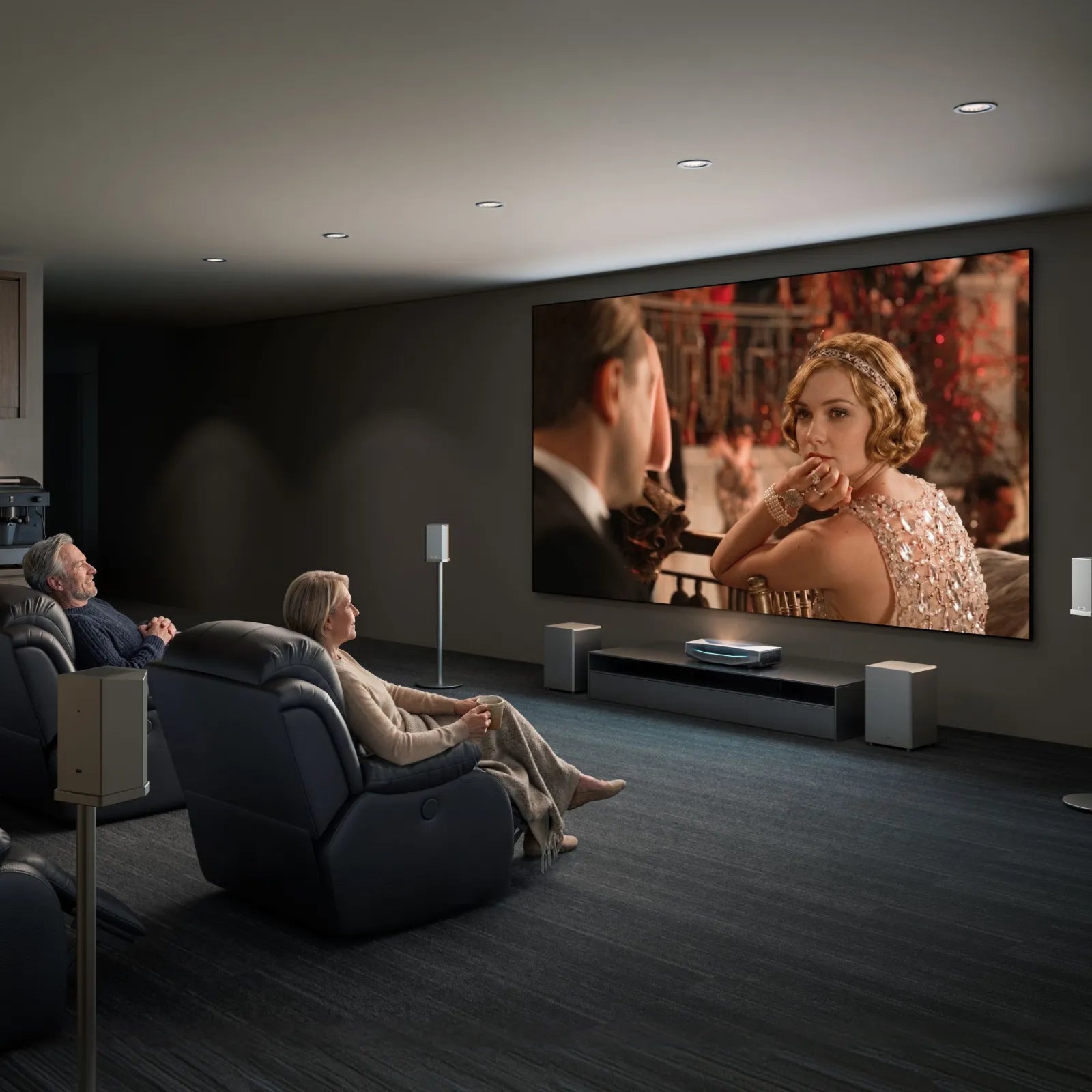 Aetherion Max RGB Laser UST Projector+100''-120'' Cinematic+ ALR Motorized Floor Rising Acoustic Screen